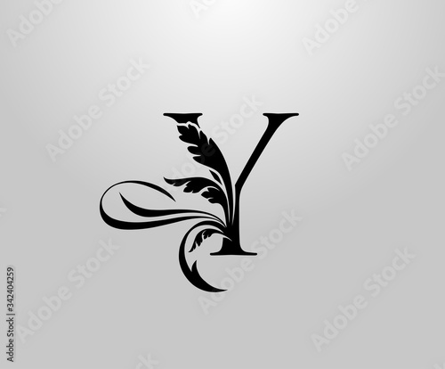 Classic Elegant letter Y Floral logo. Vintage drawn Letter Stamp emblem for book design, weeding card, brand name, business card, Restaurant, Boutique, Hotel. 