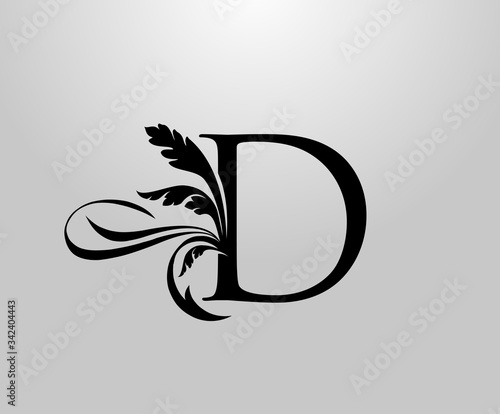 Classic Elegant letter D Floral logo. Vintage drawn Letter Stamp emblem for book design, weeding card, brand name, business card, Restaurant, Boutique, Hotel. 