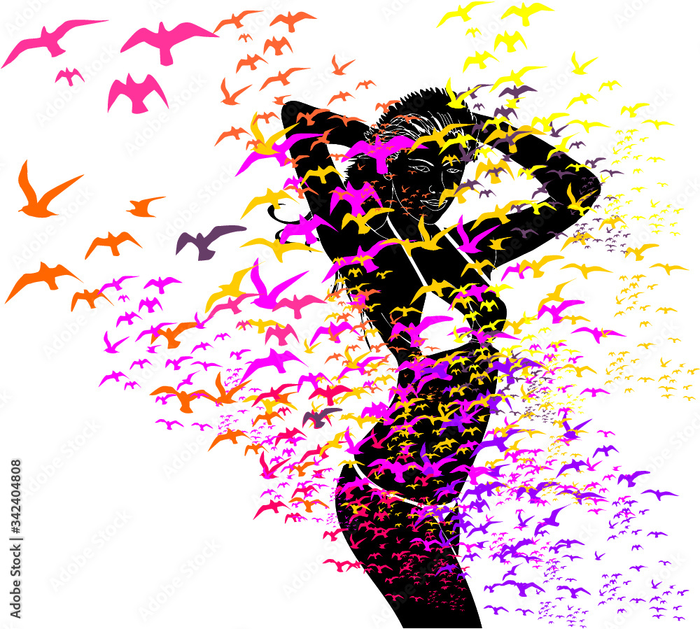 Obraz premium bikini girl and birds graphic design vector art