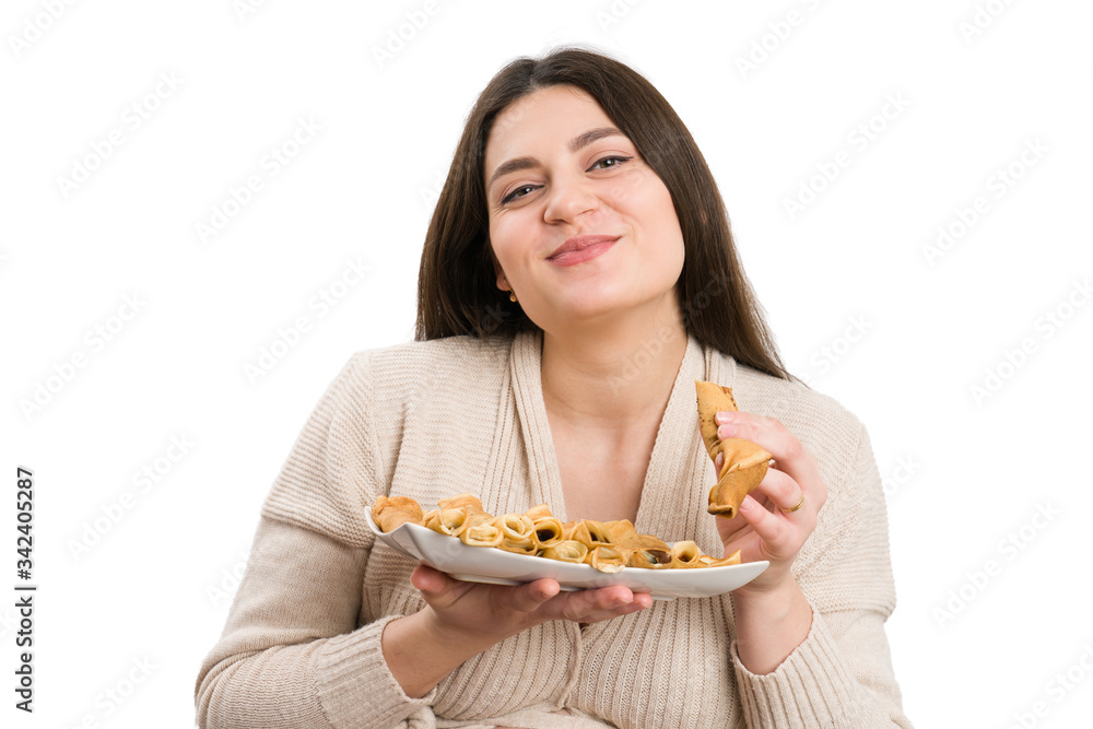 Happy future mother eating pancakes Happy future mother eating pancakes