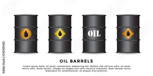 Set of 4 black oil barrels with different label or sticker designs isolated on white. Vector illustration.