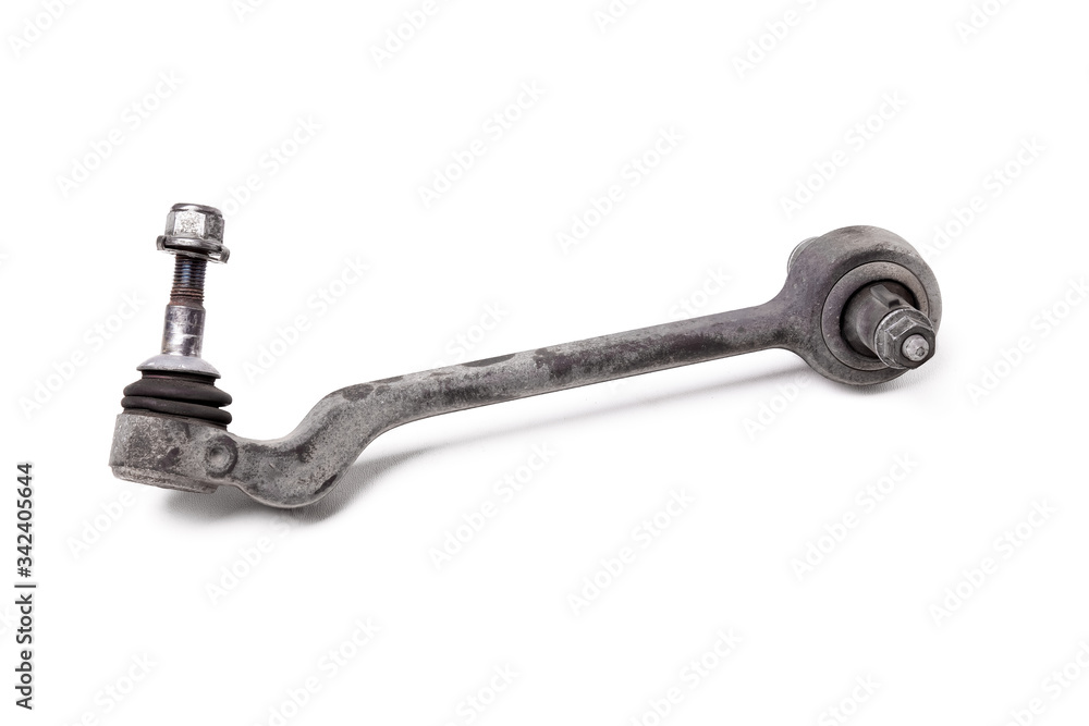 Direct metal lever of the chassis with ball and rubber-metal hinge with bushings - silent blocks on a white isolated background in a photo studio. Part for replacement in suspension in a car service. Direct metal lever of the chassis with ball and rubber-metal hinge with bushings - silent blocks on a white isolated background in a photo studio. Part for replacement in suspension in a car service.