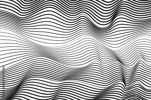Black undulating lines, techno concept. Abstract striped pattern. White background. Vector modern op art design. Radio, sound waves. Optical illusion. Monochrome deformed surface. EPS10 illustration