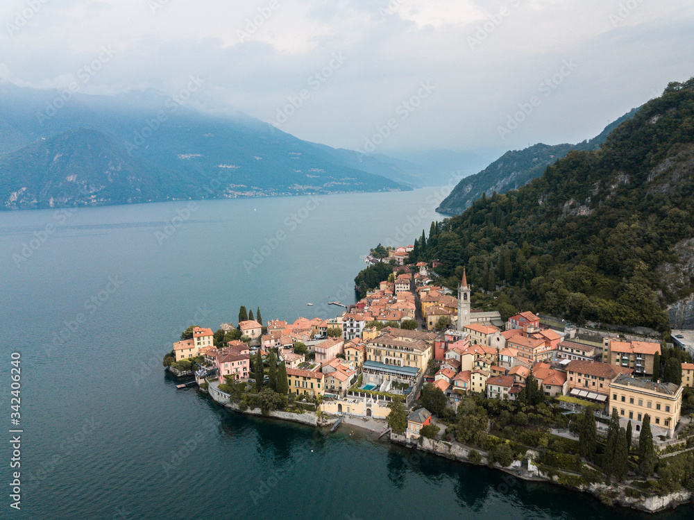 Aerial Drone View of cute italian town on Lake Como
