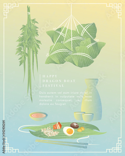 Happy Dragon Boat Festival background template traditional food rice dumpling stuffing realgar wine bamboo leaf and wormwood