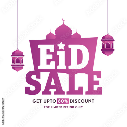 Islamic festival Eid Mubarak Sale Concept with hanging lanterns and mosque on white background.