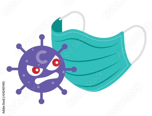 Cartoon coronavirus feel angry with the surgical protective mask. Surgical protective mask to protect against coronavirus - vector character