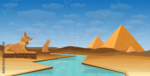 Egypt desert with pyramid Egyptian deity Anubi and Ailuros and Nile