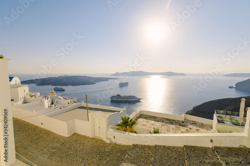 Cruise ships in the port near the city of Thira on the island of Santorini in Greece. 07/15/2019
