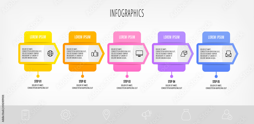Infographics with 5 elements with arrows. Vector concept of five business options to choose from. Modern design for flowchart, timeline, web, graph, presentation