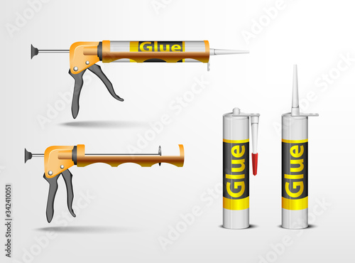 glue tube packaging. container for silicone or  sealant gel with nozzle mock up set. Vector realistic illustration isolated on transparent background