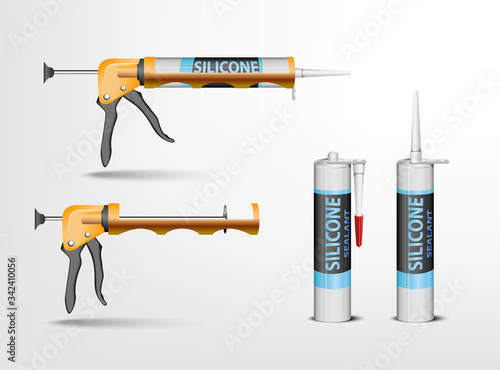 tube packaging for Silicone sealant container with nozzle mock up set. Vector realistic illustration isolated on transparent background
