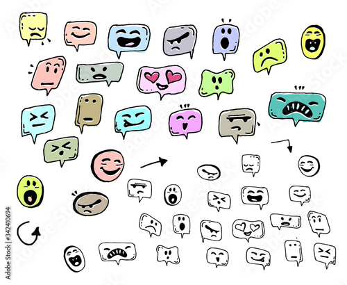 Hand draw face emoji message with different emotions icon