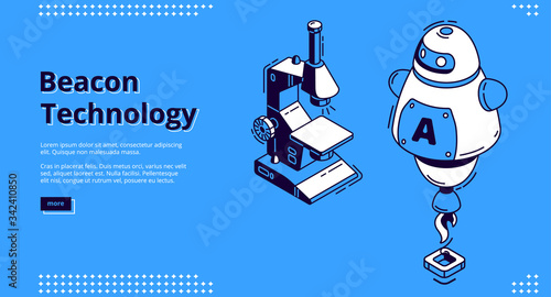 Beacon technology isometric landing page. Ai robot and microscope , Internet of things, communication network, exchange and share information, wireless connection, iot. 3d vector line art web banner