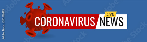 Coronavirus Live News blue background. Business tv, internet template with red corona virus cell. Vector Illustration.