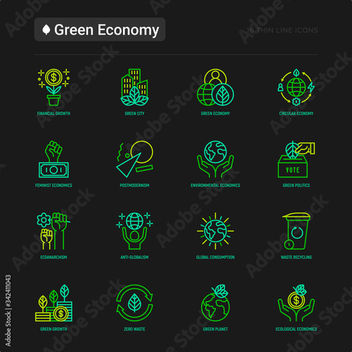 Green economy thin line icons set: financial growth, green city, zero waste, circular economy, green politics, anti-globalism, global consumption. Vector illustration for environmental issues.