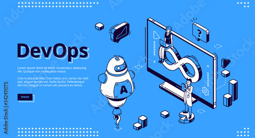 DevOps banner. Concept of development operations, communication of programmers and engineers. Vector landing page of project integration with isometric working people, computer screen and chatbot
