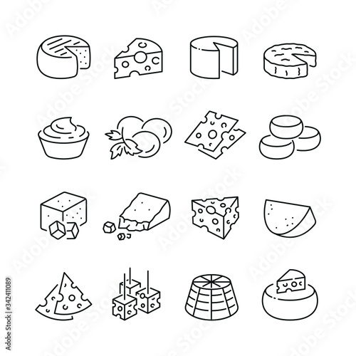 Cheese related icons: thin vector icon set, black and white kit