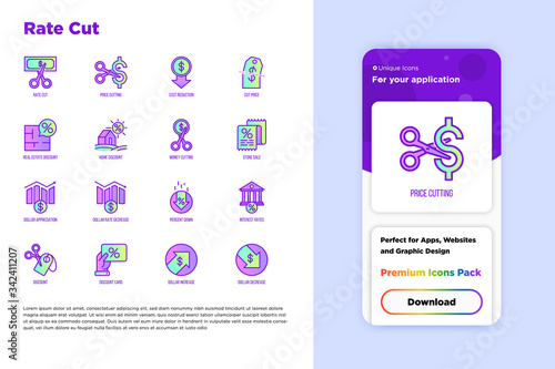 Rate cut mobile user interface and thin line icons set: cutting price, cost reduction, sale, discount, receipt, loyalty card, interest. Modern vector illustration.