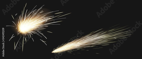 Obraz na plátně Realistic sparks of weld metal blade, firework petard flare, comet trail