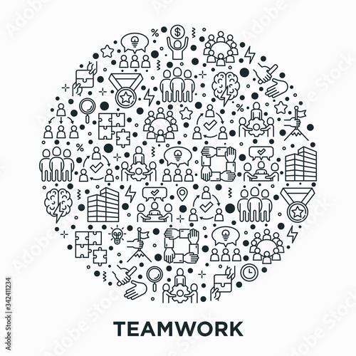 Teamwork concept in circle with thin line icons: relay race, brainstorm, success, meeting, idea share, collaboration, joint project, unity, support, delegation, bonus. Modern vector illustration.