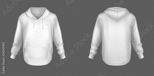 Hoody, white sweatshirt mock up front and back view set. Isolated hoodie with long sleeves, kangaroo muff pocket and drawstrings. Sport, casual or urban clothing fashion, Realistic 3d vector mockup