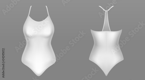 One piece woman swimsuit front and back view. Vector realistic mockup of female beach clothing, suit for swim in sea or pool. White lingerie, beachwear or sport uniform isolated on gray background