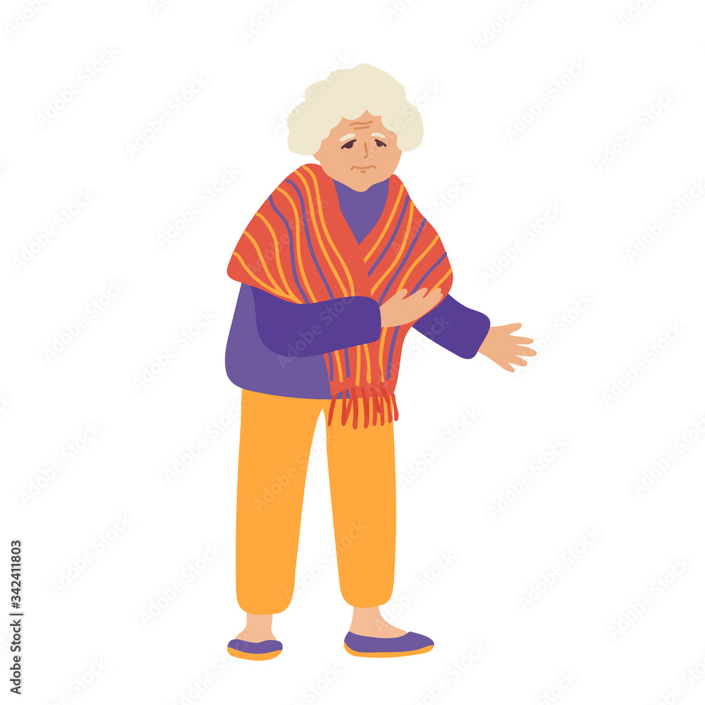 Senior woman isolated on white background. Grandma with a striped colorful shawl. Yellow pants. Vector illustration of an elderly woman character in flat cartoon style. Full length portrait. Senior woman isolated on white background. Grandma with a striped colorful shawl. Yellow pants. Vector illustration of an elderly woman character in flat cartoon style. Full length portrait.