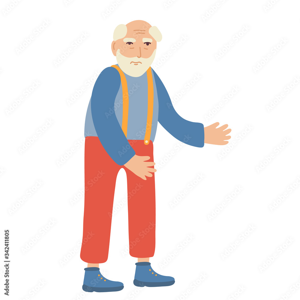 An elderly senior man with a beard isolated on white background. Grandpa. Red pants with suspenders, a blue shirt and boots. Vector illustration of an old man character. Full length portrait. An elderly senior man with a beard isolated on white background. Grandpa. Red pants with suspenders, a blue shirt and boots. Vector illustration of an old man character. Full length portrait.