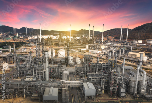Petrochemical plant industry. Oil refinery industrial zone on sunset and twilight sky