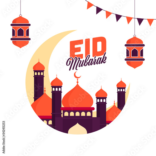 Islamic festival Eid Mubarak Concept with colorful mosque, crescent mosque, hanging lanterns on white background.