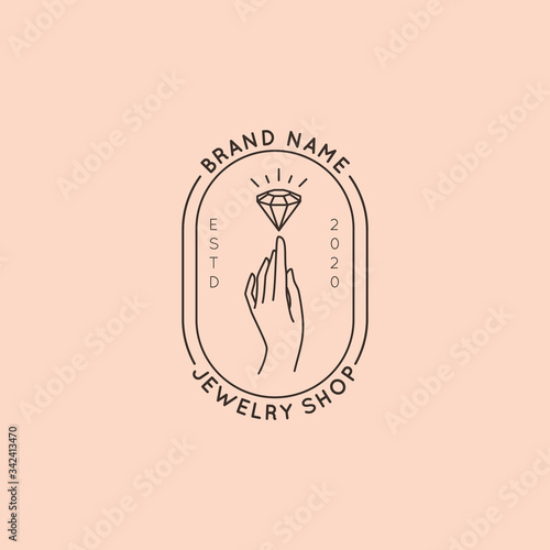 Jewelry logo design templates in trendy linear and minimal style. Vector emblems with a woman's hand