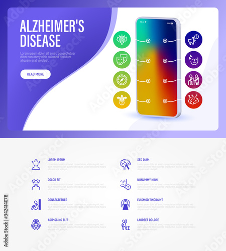 Alzheimer's disease symptoms web page template with copy space. Mobile app on smartphone with thin line icons. Memory loss, speech violation, MRI, intellectual decline. Vector illustration.