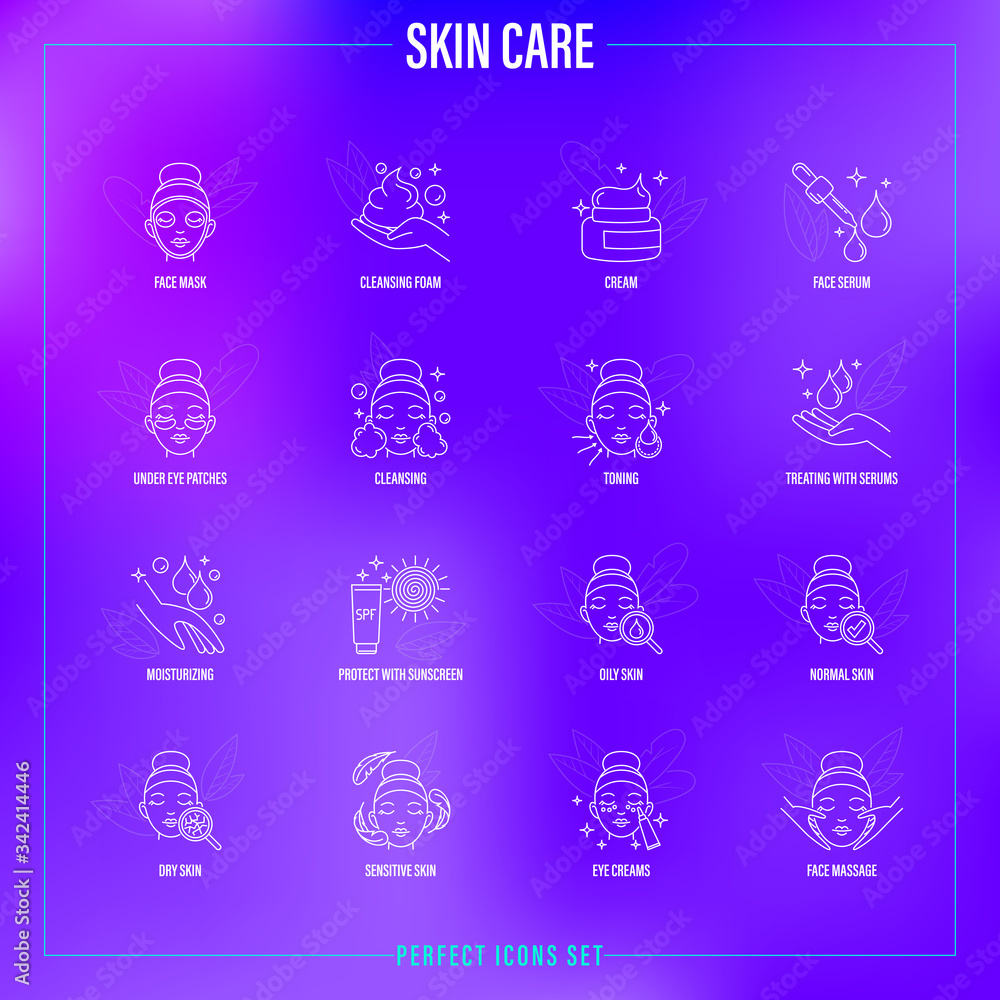 Skin care: facial mask, cleansing foam, face serum, moisturizer, under eye patches, toning, skin treatment, spf, facial massage. Thin line icons set. Vector illustration. Skin care: facial mask, cleansing foam, face serum, moisturizer, under eye patches, toning, skin treatment, spf, facial massage. Thin line icons set. Vector illustration.