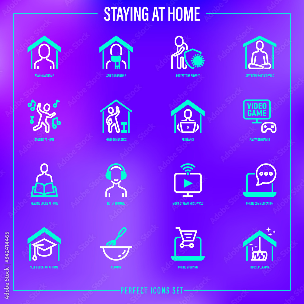 Stay at home. Self quarantine activities thin line icons set: don't panic, meditation, work at home, protect elderly, exercising, play video game, streaming, online shopping. Vector illustration. Stay at home. Self quarantine activities thin line icons set: don't panic, meditation, work at home, protect elderly, exercising, play video game, streaming, online shopping. Vector illustration.
