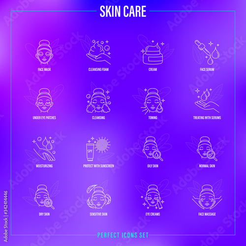 Skin care: facial mask, cleansing foam, face serum, moisturizer, under eye patches, toning, skin treatment, spf, facial massage. Thin line icons set. Vector illustration.