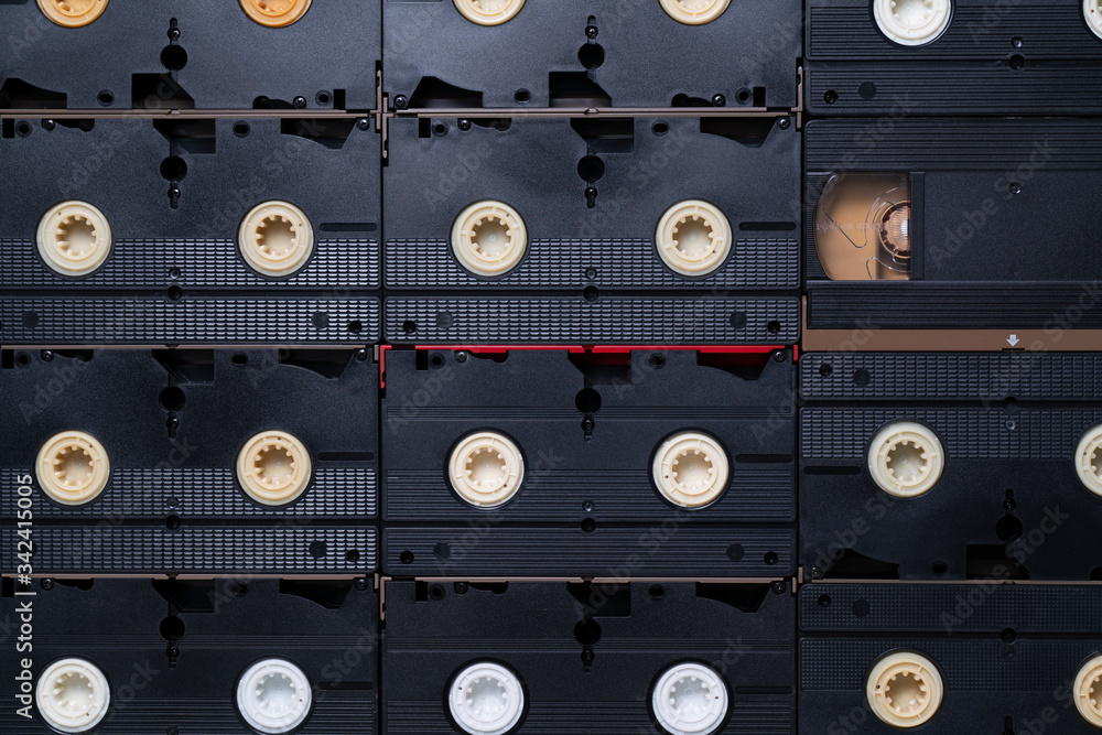 Old VHS video cassette tapes, close up Old VHS video cassette tapes, close up