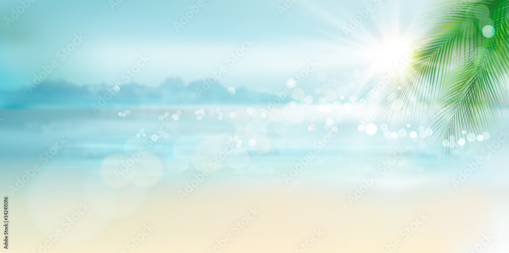 Sunrise over the sea. Empty sandy beach with a palm tree. Tropical resort in summer. Waves on the seashore. Vector illustration.