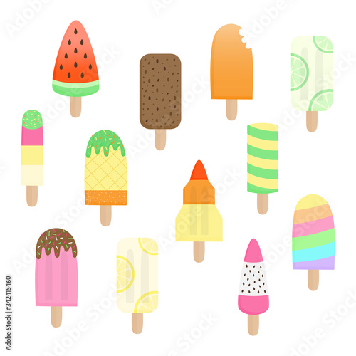 Cute popsicle vector illustration set. Hand drawn ice lolly summer collection. Different flavors of ice creams. Isolated.