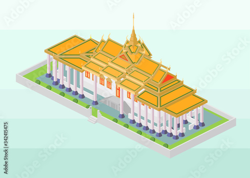 Isometric vector icon or infographic element representing Royal Palace in Phnom Penh, the landmark of Cambodia