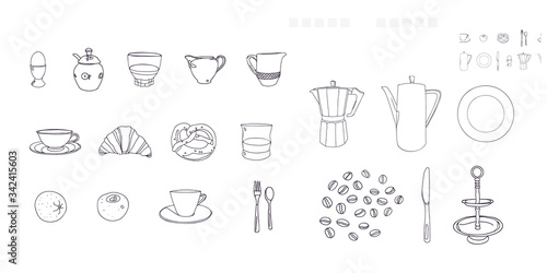 Vector classic breakfast food icon set. Realistic dishes, food illustration set in line art style. Elegant kit. Food set. Surface pattern design.