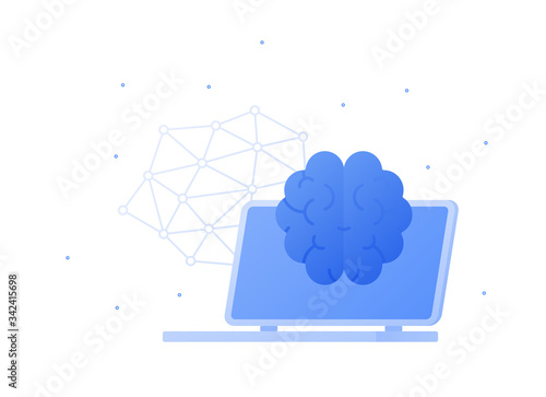 Knowledge and artificial intelligence concept. Vector flat illustration. Brain sign on laptop computer sceen and dotted big data network symbol. Deign element for education web, ui, banner, poster