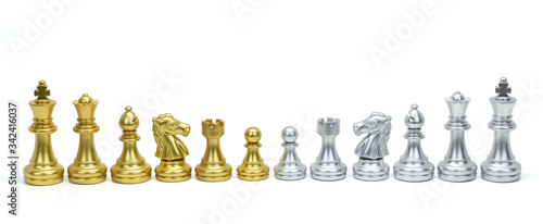 Golden and silver chess piece stand in a row isolated on white background. Clipping path