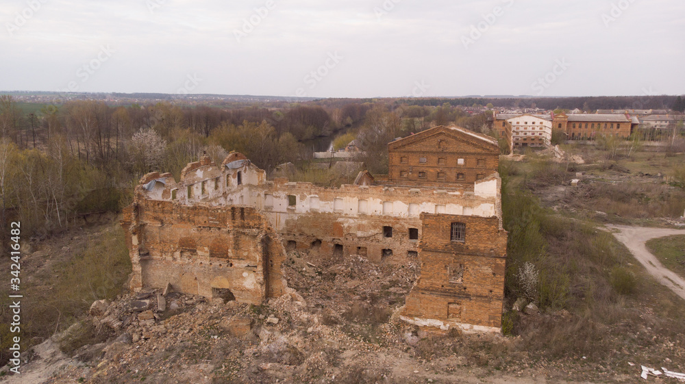 Old abandoned sugar factory in Viinitsia region, aerial view. Broken old factory. Destroyed house