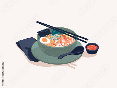 Vector bowl of Japanese ramen noodles with shrimp