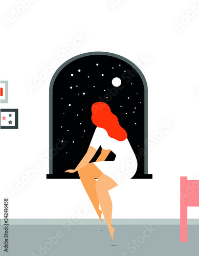Mujer de espaldas mirando la luna sentada en la ventana de su casa