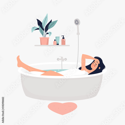 Vector illustration of young cute brunette woman taking a bath by a potted plant on the shelf with shampoos.