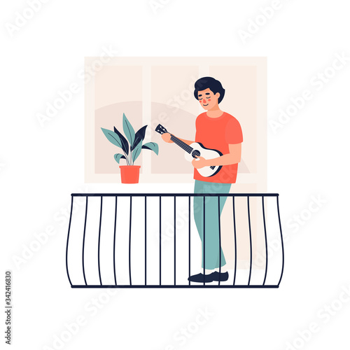 Vector illustration of  man stands on the balcony and plays the guitar. Quarantine coronavirus concept