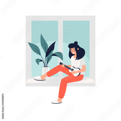 Vector illustration of young brunette woman sitting on the window and plays the guitar at home. Quarantine coronavirus concept 