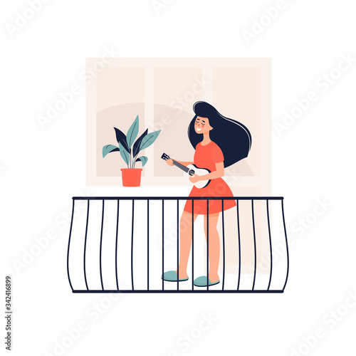 Vector illustration of young woman stands on the balcony and plays the guitar. Quarantine coronavirus concept